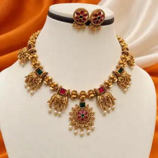 Antique Gold-Tone Elephant Motif Necklace Set with Earrings