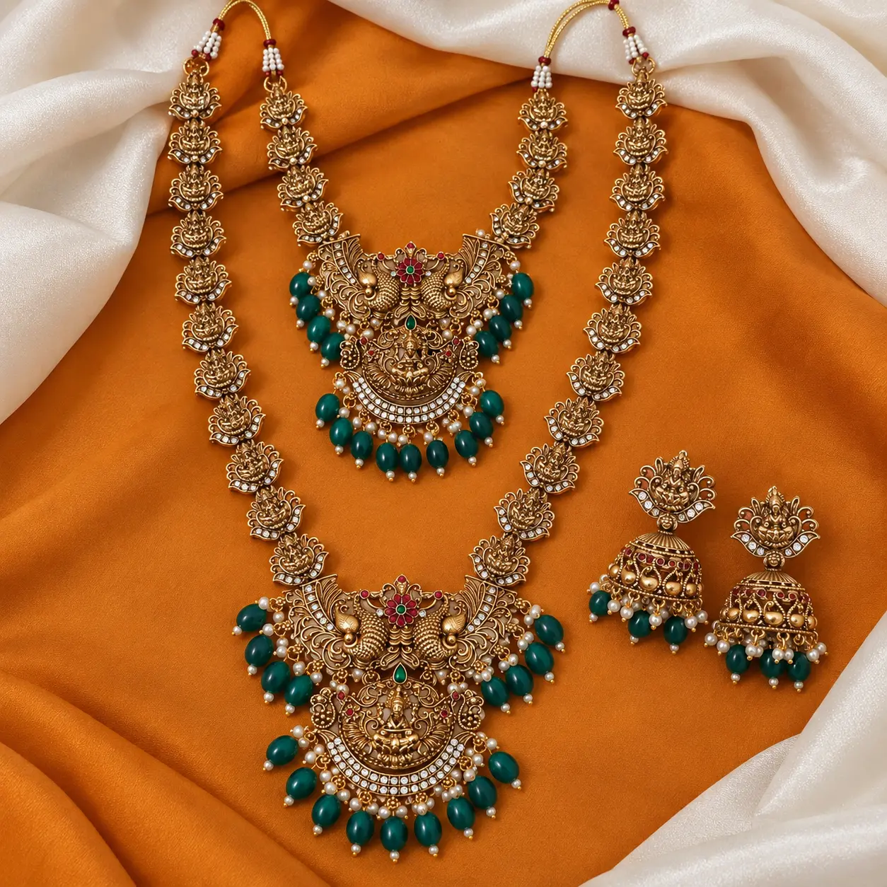 Premium Matte Temple Short Necklace, Haram & Jhumka Set