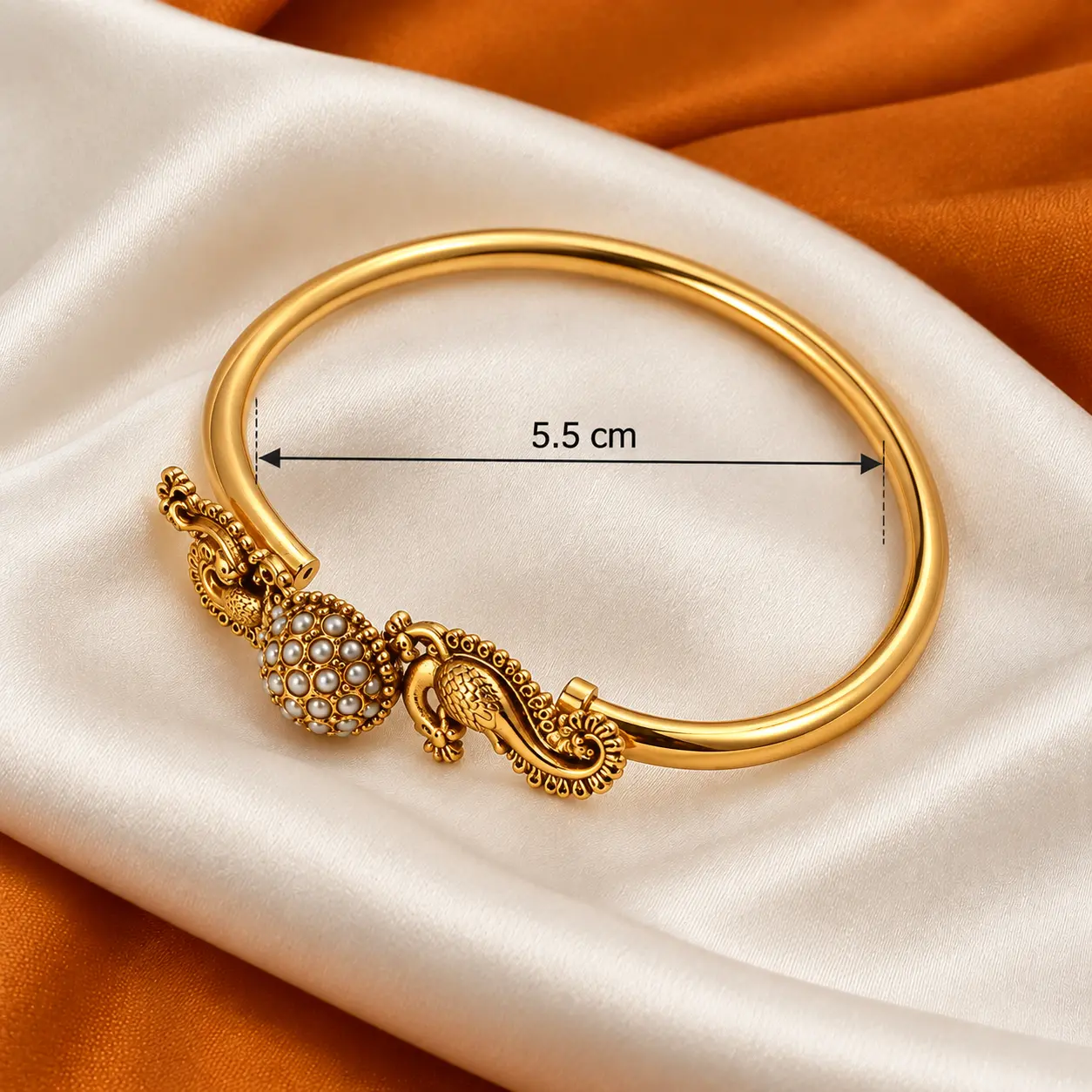 Antique Gold Peacock Pearl Kada Type Bangle – image 3