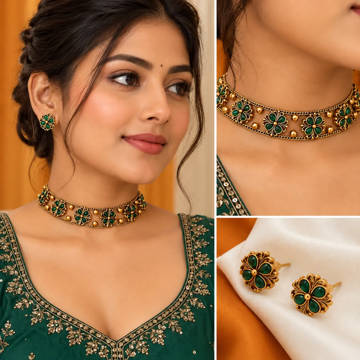 Antique Gold Tone Green Floral Choker Necklace Set – image 2