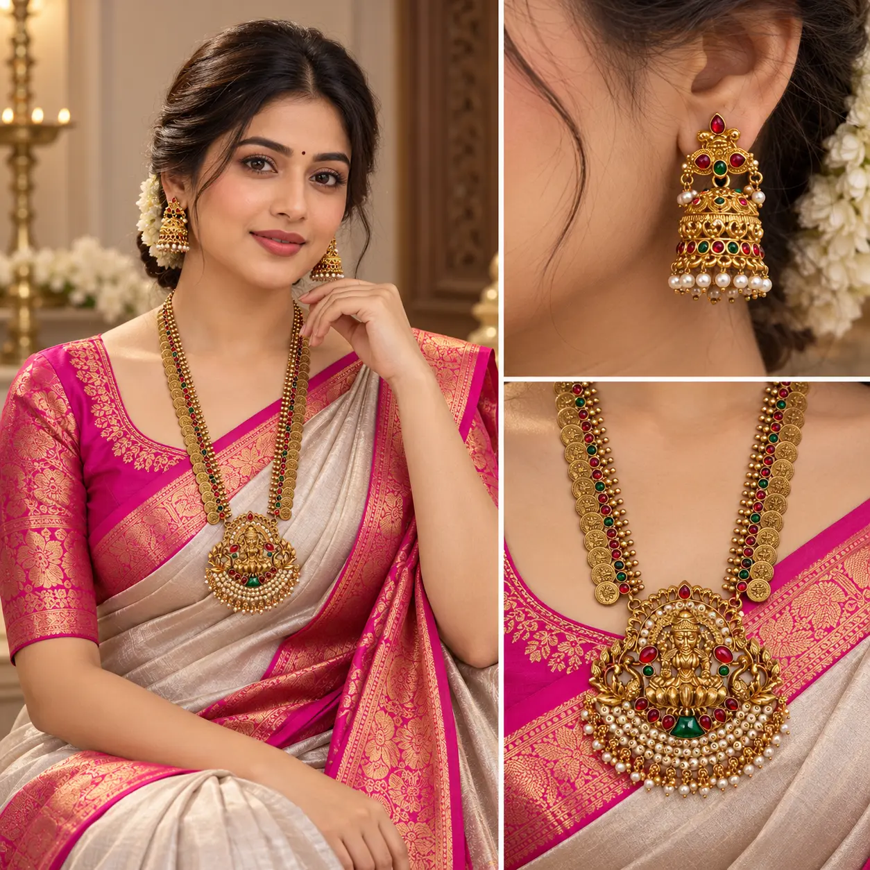 Premium Antique Gold Tone Lakshmi Coin Haram Necklace Set – image 2