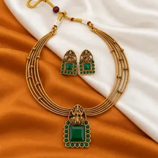 Premium Antique Gold Green Stone Goddess Necklace Set