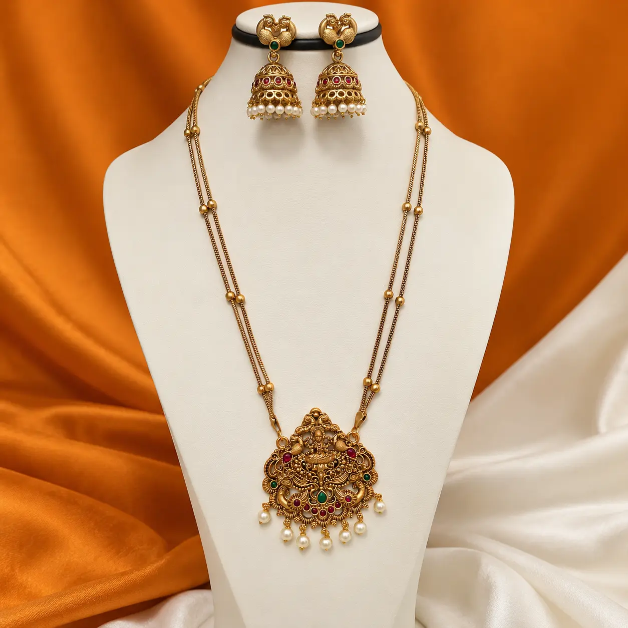 studio_product_photo_scene_a_clean_well_lit_jewe.png Antique Gold-Tone Temple Long Necklace & Jhumka Set