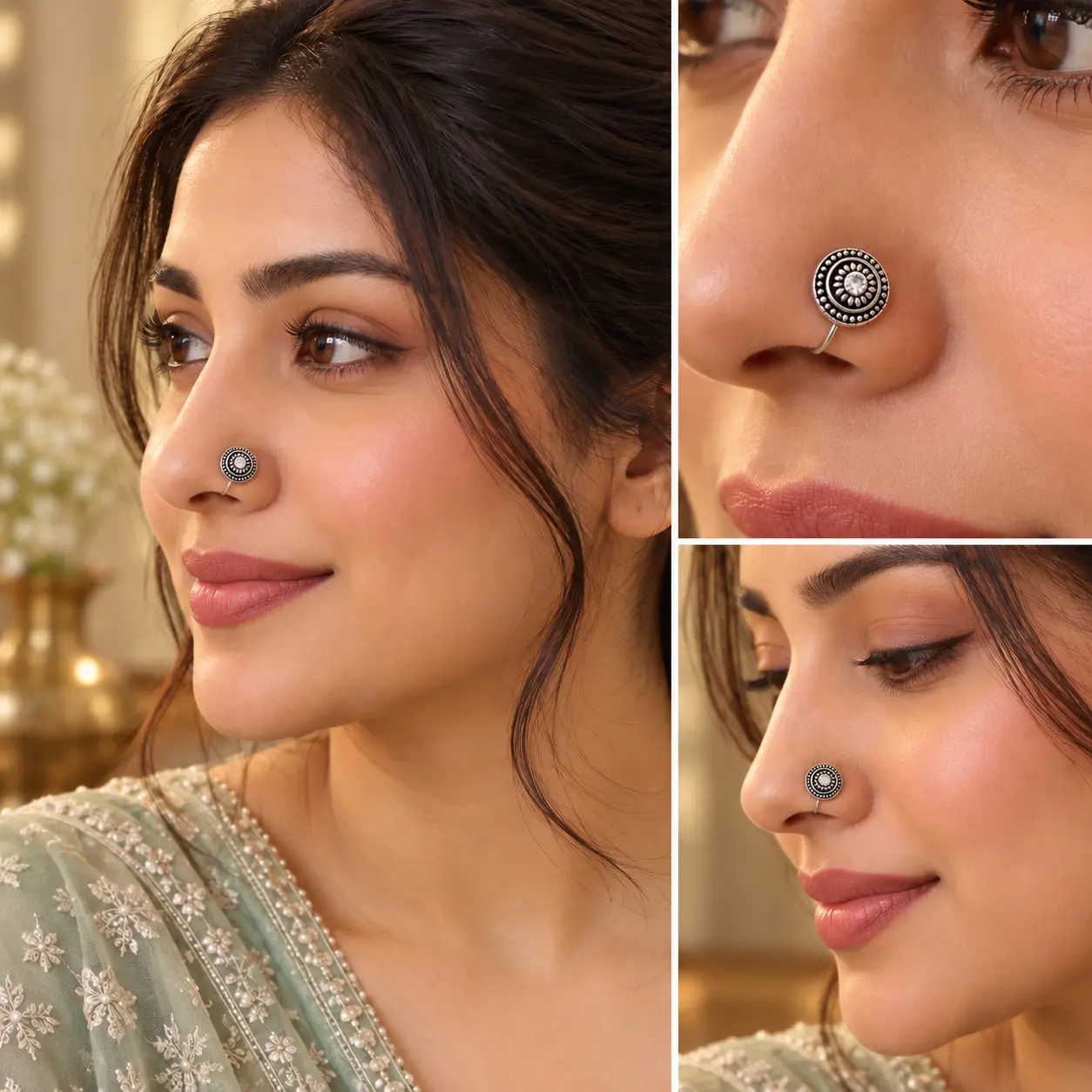 elegant_nose_pin_beauty_collage.png Silver-Tone Circular Stone Detail Nose Ring – image 2