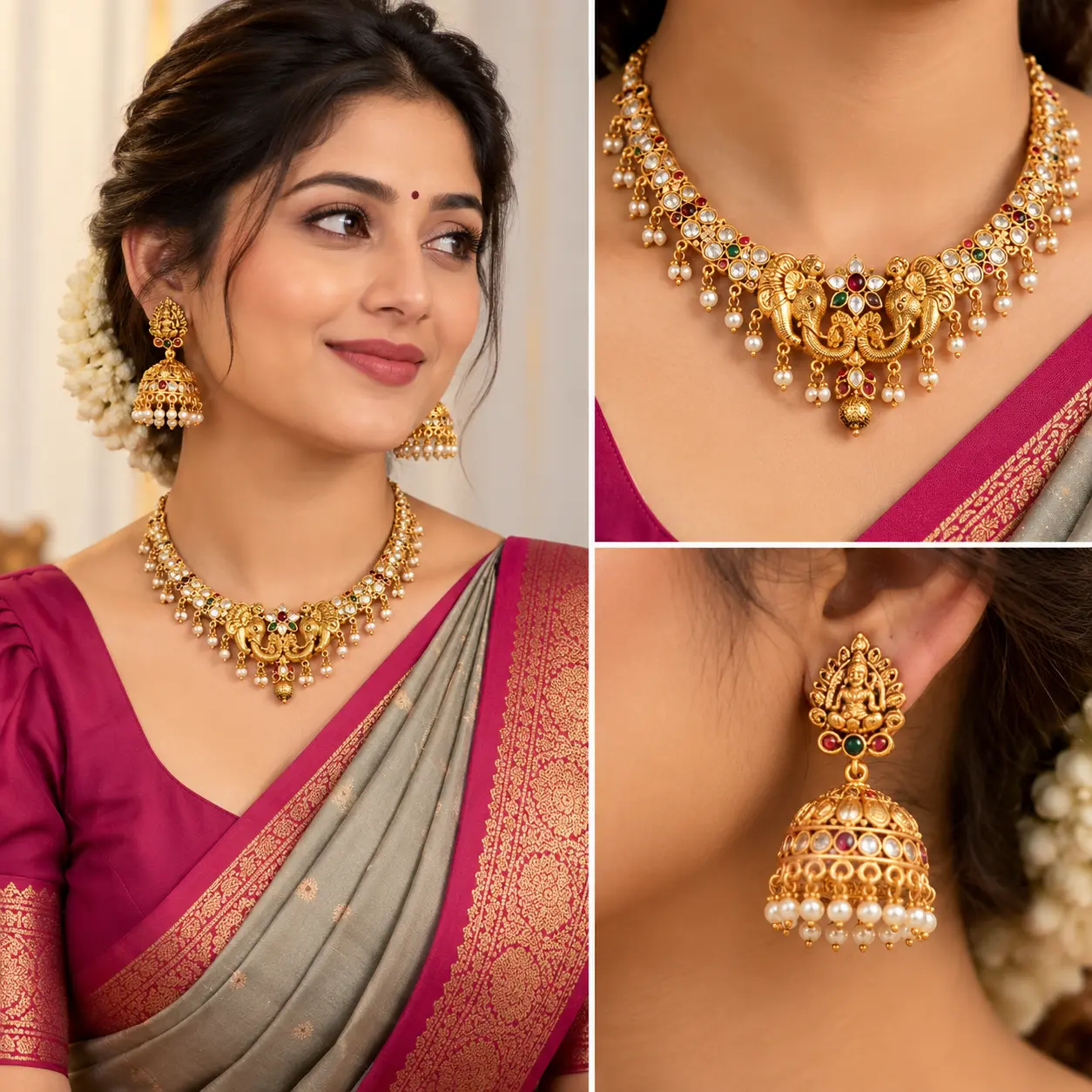 Antique Gold Elephant Motif Necklace Set with Jhumka Earrings – image 2