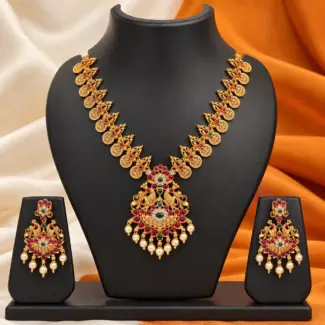 Premium Antique Gold Peacock Necklace Set with Earrings