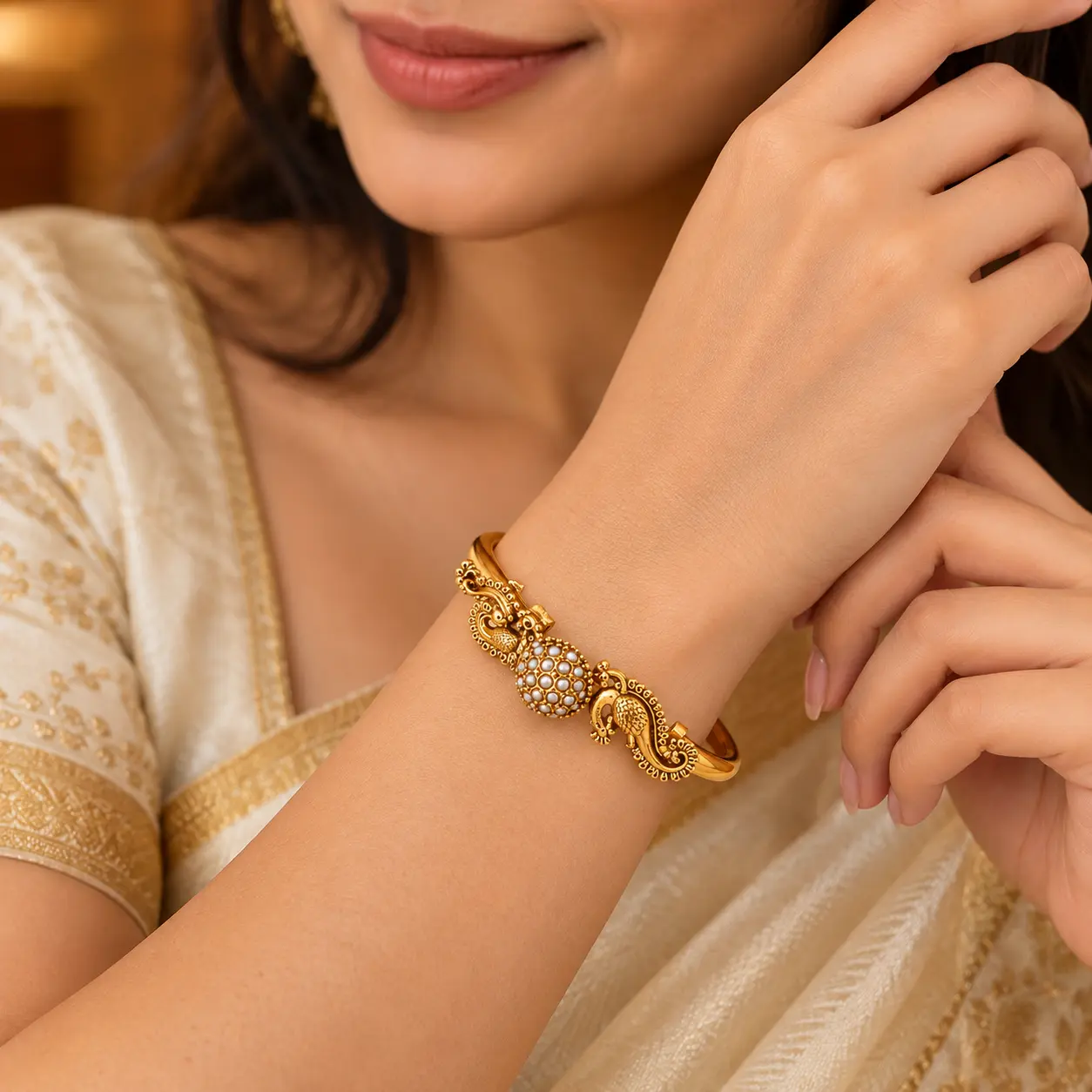Antique Gold Peacock Pearl Kada Type Bangle – image 2