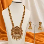 Antique Gold Temple Long Necklace Set with Jhumka Earrings
