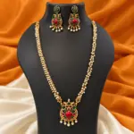 Antique Gold Tone Red & Green Pearl Long Necklace Set