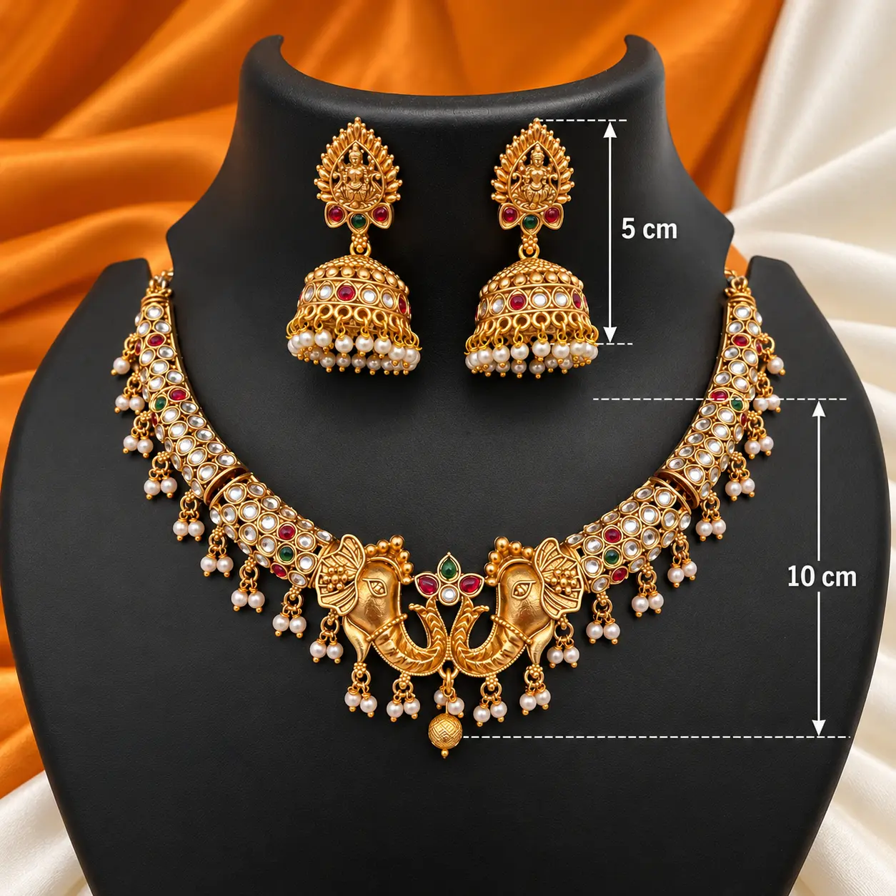 Antique Gold Elephant Motif Necklace Set with Jhumka Earrings – image 3