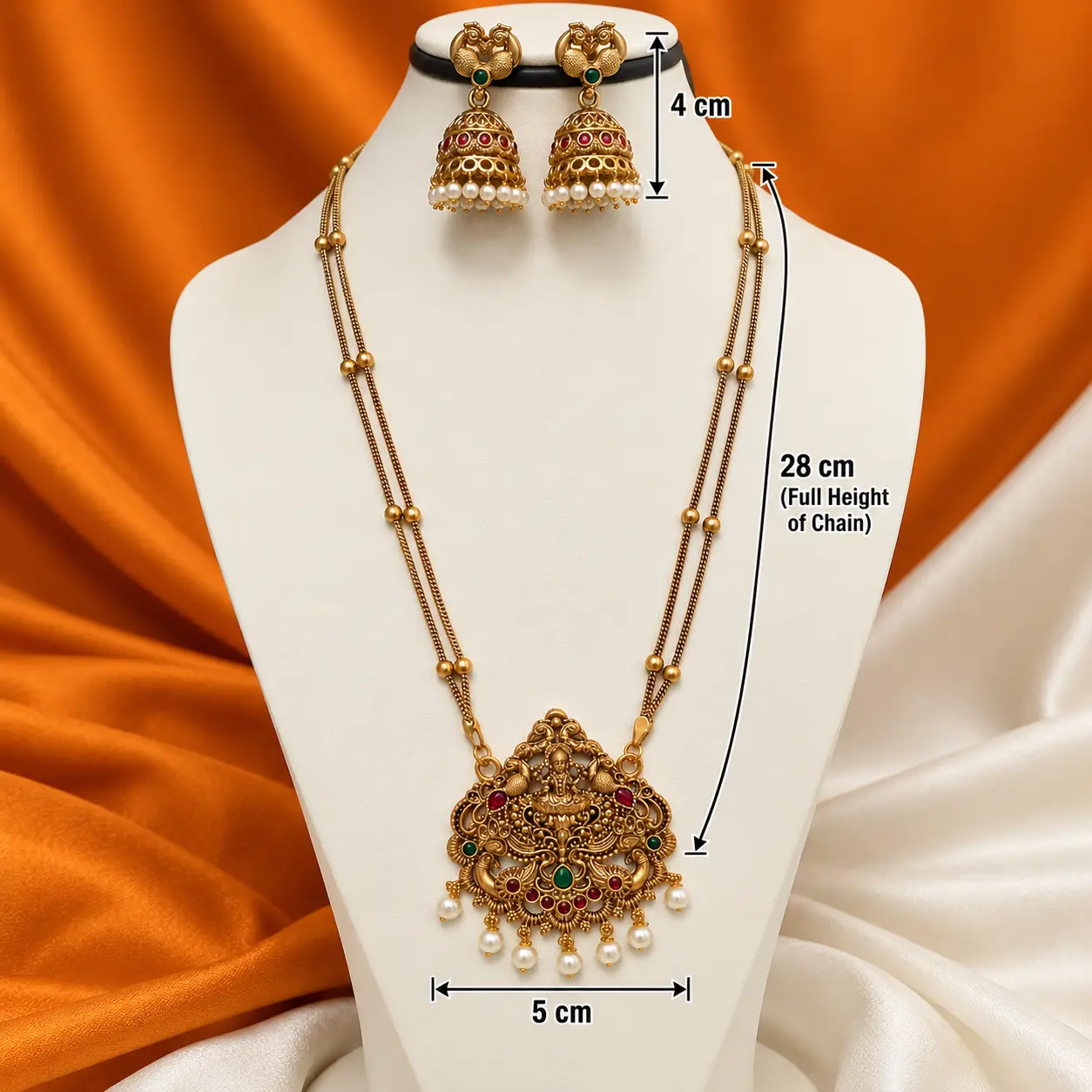 a_clean_product_photography_image_on_a_white_ivory.png Antique Gold-Tone Temple Long Necklace & Jhumka Set – image 3