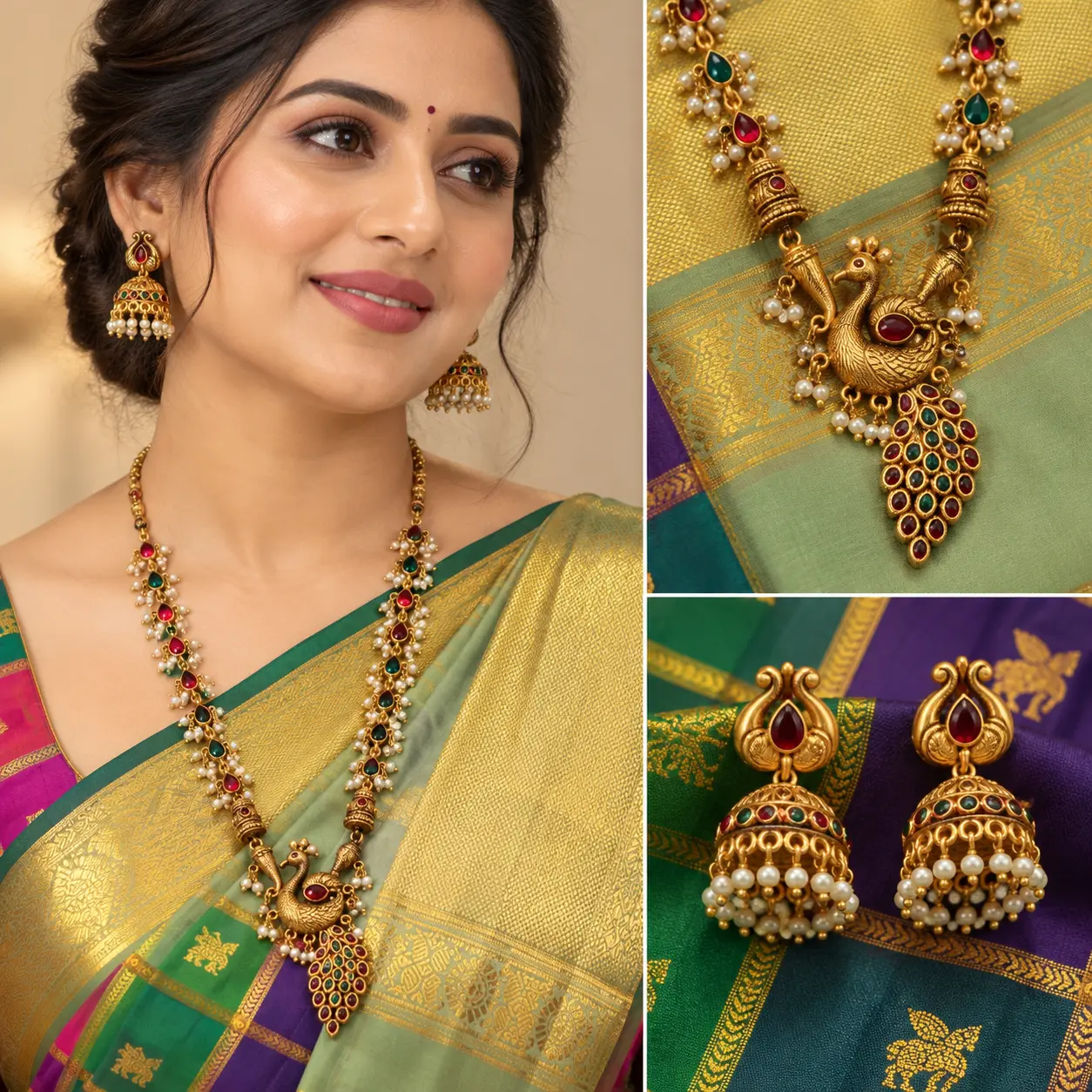 Peacock Haram with Red & Green Stone Studded Feather Pendant and Pearl Jhumkas – image 2