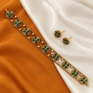 Antique Gold Tone Green Floral Choker Necklace Set