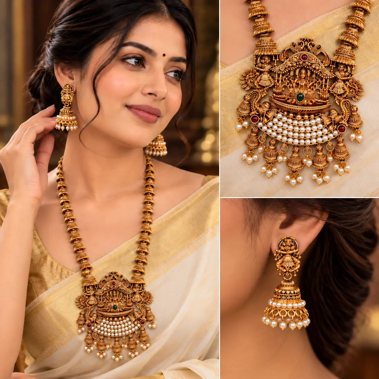 a_high_resolution_professionally_lit_jewelry_adve.png Antique Gold Temple Long Necklace Set with Jhumka Earrings – image 2